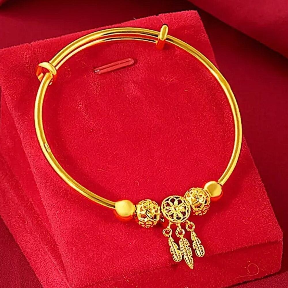Gold Plated Bangle Dreamcatcher Feather Charm Adjustable Boho Bracelet